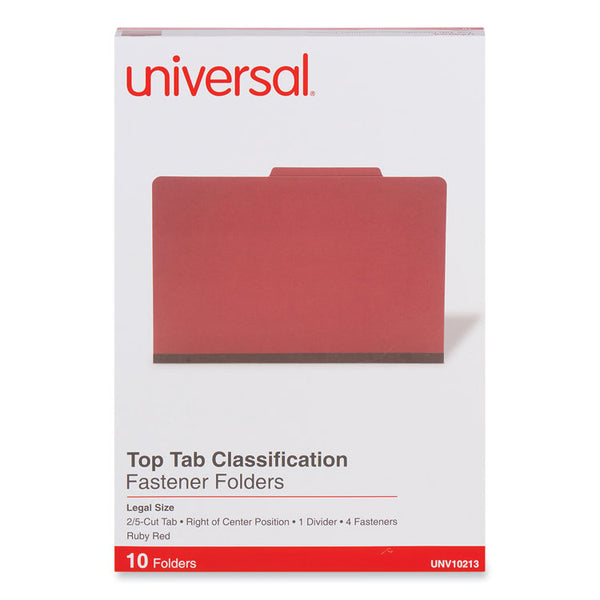 Universal® Bright Colored Pressboard Classification Folders, 2" Expansion, 1 Divider, 4 Fasteners, Legal Size, Ruby Red Exterior, 10/Box (UNV10213)