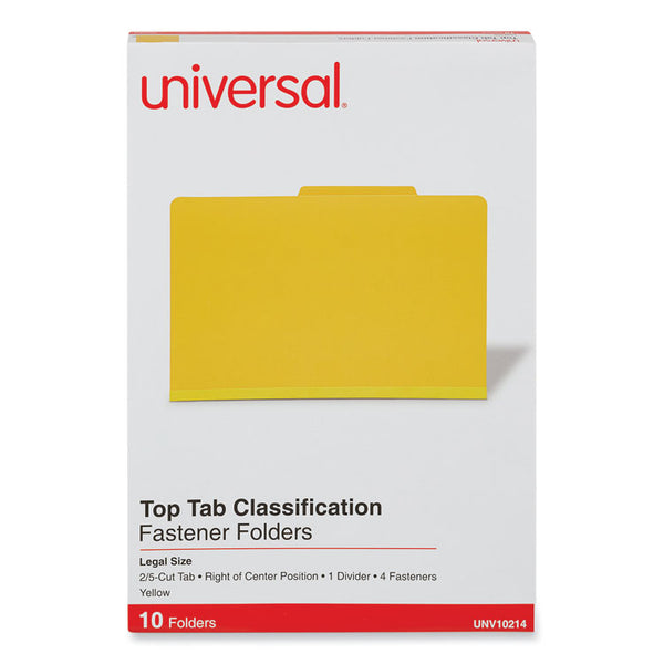 Universal® Bright Colored Pressboard Classification Folders, 2" Expansion, 1 Divider, 4 Fasteners, Legal Size, Yellow Exterior, 10/Box (UNV10214)