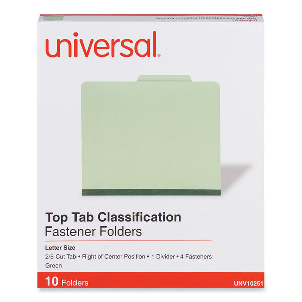 Universal® Four-Section Pressboard Classification Folders, 2" Expansion, 1 Divider, 4 Fasteners, Letter Size, Green Exterior, 10/Box (UNV10251)