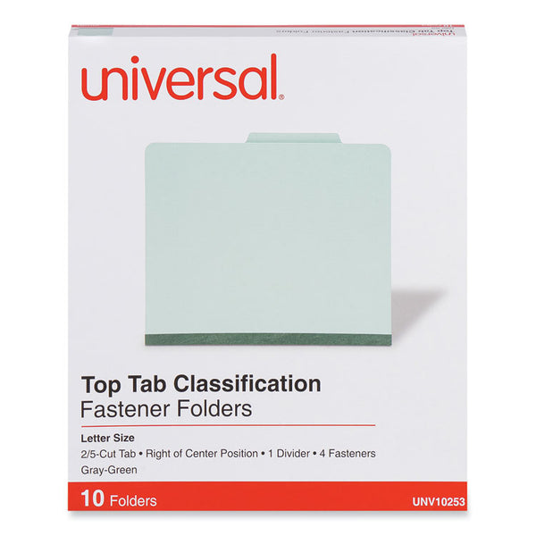 Universal® Four-Section Pressboard Classification Folders, 2" Expansion, 1 Divider, 4 Fasteners, Letter Size, Gray-Green, 10/Box (UNV10253)