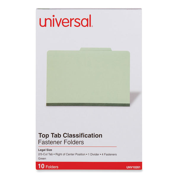 Universal® Four-Section Pressboard Classification Folders, 2" Expansion, 1 Divider, 4 Fasteners, Legal Size, Green Exterior, 10/Box (UNV10261)