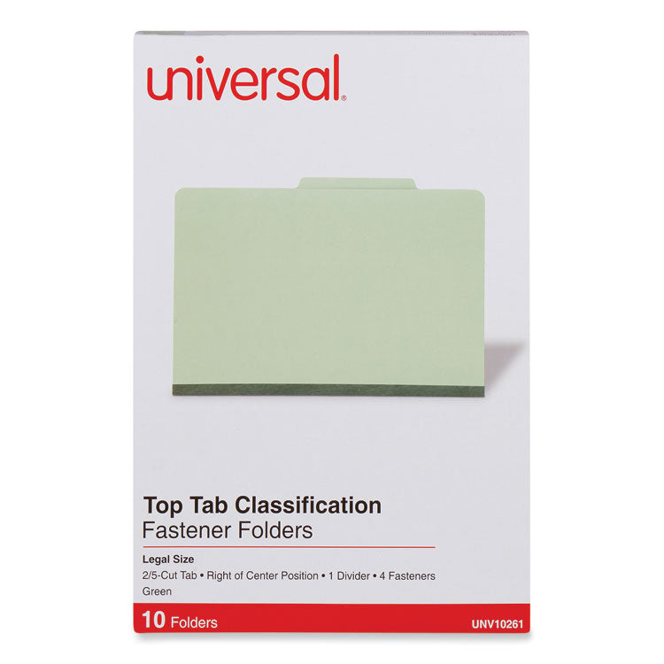 Universal® Four-Section Pressboard Classification Folders, 2" Expansion, 1 Divider, 4 Fasteners, Legal Size, Green Exterior, 10/Box (UNV10261) Each