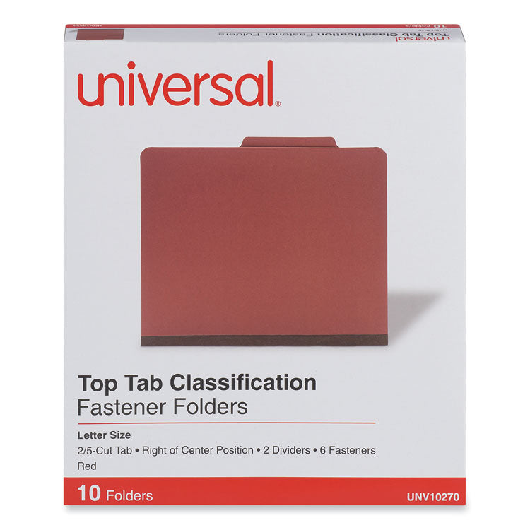 Universal® Six-Section Pressboard Classification Folders, 2" Expansion, 2 Dividers, 6 Fasteners, Letter Size, Red Exterior, 10/Box (UNV10270)