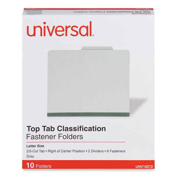 Universal® Six-Section Pressboard Classification Folders, 2" Expansion, 2 Dividers, 6 Fasteners, Letter Size, Gray Exterior, 10/Box (UNV10272)