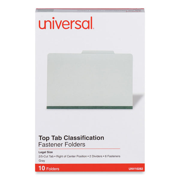 Universal® Six-Section Pressboard Classification Folders, 2" Expansion, 2 Dividers, 6 Fasteners, Legal Size, Gray Exterior, 10/Box (UNV10282)