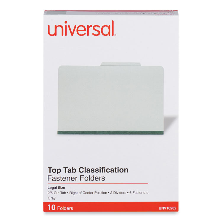 Universal® Six-Section Pressboard Classification Folders, 2" Expansion, 2 Dividers, 6 Fasteners, Legal Size, Gray Exterior, 10/Box (UNV10282) Each