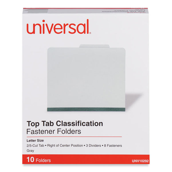 Universal® Eight-Section Pressboard Classification Folders, 3" Expansion, 3 Dividers, 8 Fasteners, Letter Size, Gray Exterior, 10/Box (UNV10292)