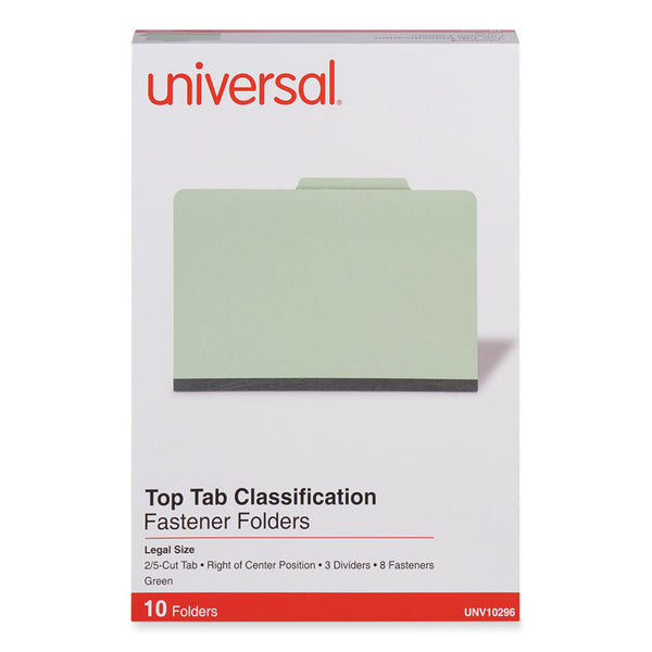 Universal® Eight-Section Pressboard Classification Folders, 3" Expansion, 3 Dividers, 8 Fasteners, Legal Size, Green Exterior, 10/Box (UNV10296)