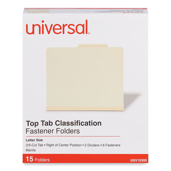 Universal® Six-Section Classification Folders, 2" Expansion, 2 Dividers, 6 Fasteners, Letter Size, Manila Exterior, 15/Box (UNV10300)