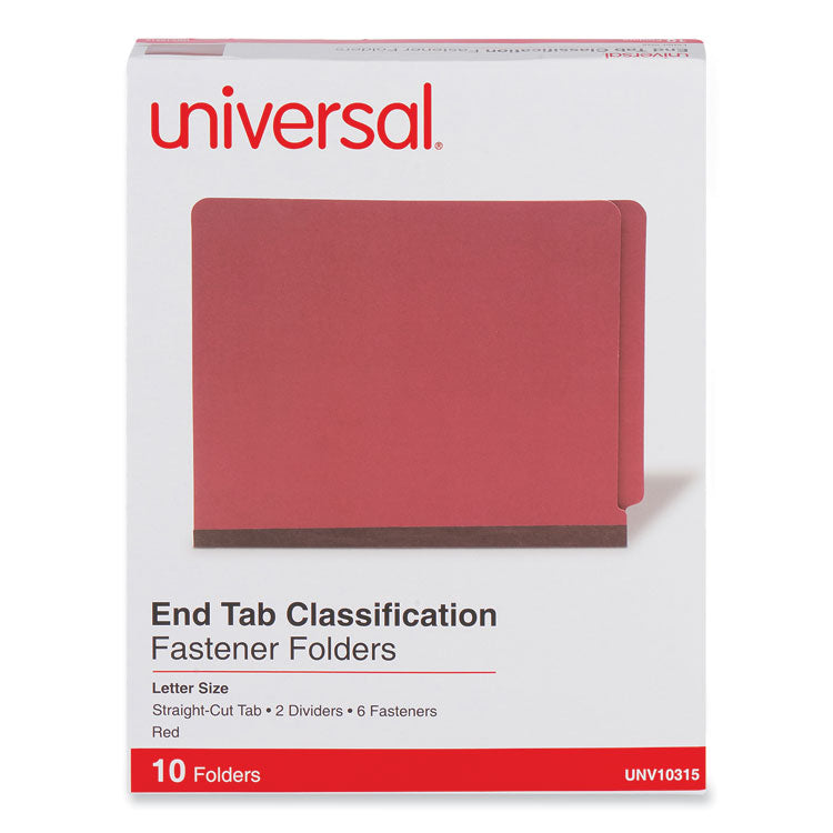 Universal® Red Pressboard End Tab Classification Folders, 2" Expansion, 2 Dividers, 6 Fasteners, Letter Size, Red Exterior, 10/Box (UNV10315)