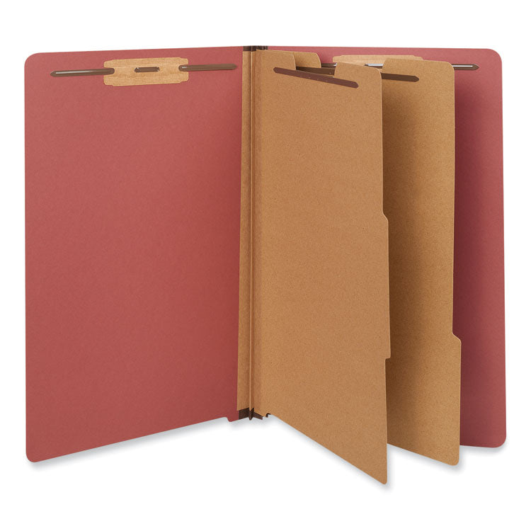 Universal® Red Pressboard End Tab Classification Folders, 2" Expansion, 2 Dividers, 6 Fasteners, Legal Size, Red Exterior, 10/Box (UNV10316) Box of 10