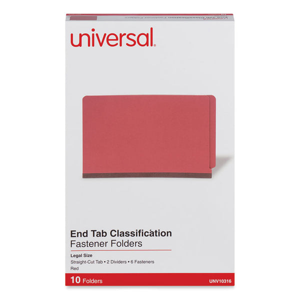 Universal® Red Pressboard End Tab Classification Folders, 2" Expansion, 2 Dividers, 6 Fasteners, Legal Size, Red Exterior, 10/Box (UNV10316)