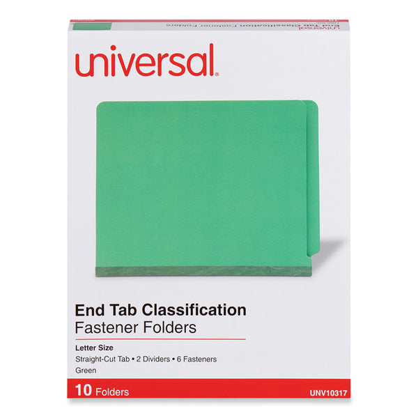 Universal® Deluxe Six-Section Pressboard End Tab Classification Folders, 2 Dividers, 6 Fasteners, Letter Size, Green, 10/Box (UNV10317)