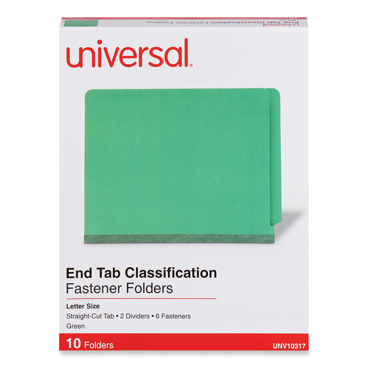 Universal® Deluxe Six-Section Pressboard End Tab Classification Folders, 2 Dividers, 6 Fasteners, Letter Size, Green, 10/Box (UNV10317)