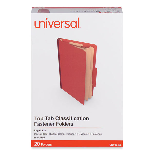 Universal® Six-Section Classification Folders, Heavy-Duty Pressboard Cover, 2 Dividers, 6 Fasteners, Legal Size, Brick Red, 20/Box (UNV10403)