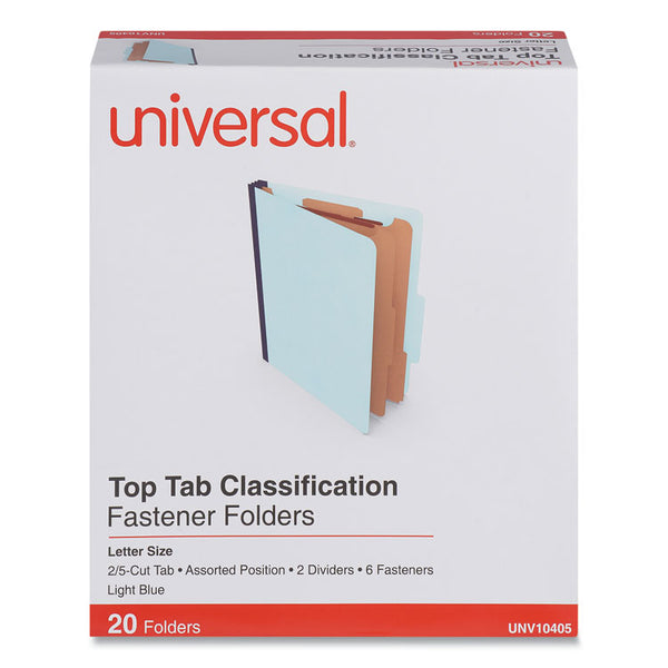 Universal® Six-Section Pressboard Classification Folders, 2.5" Expansion, 2 Dividers, 6 Fasteners, Letter Size, Light Blue, 20/Box (UNV10405)