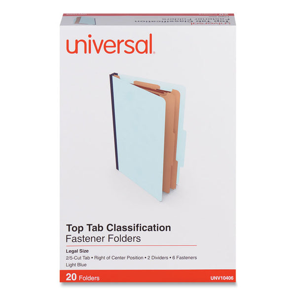 Universal® Six-Section Classification Folders, Heavy-Duty Pressboard Cover, 2 Dividers, 6 Fasteners, Legal Size, Light Blue, 20/Box (UNV10406)