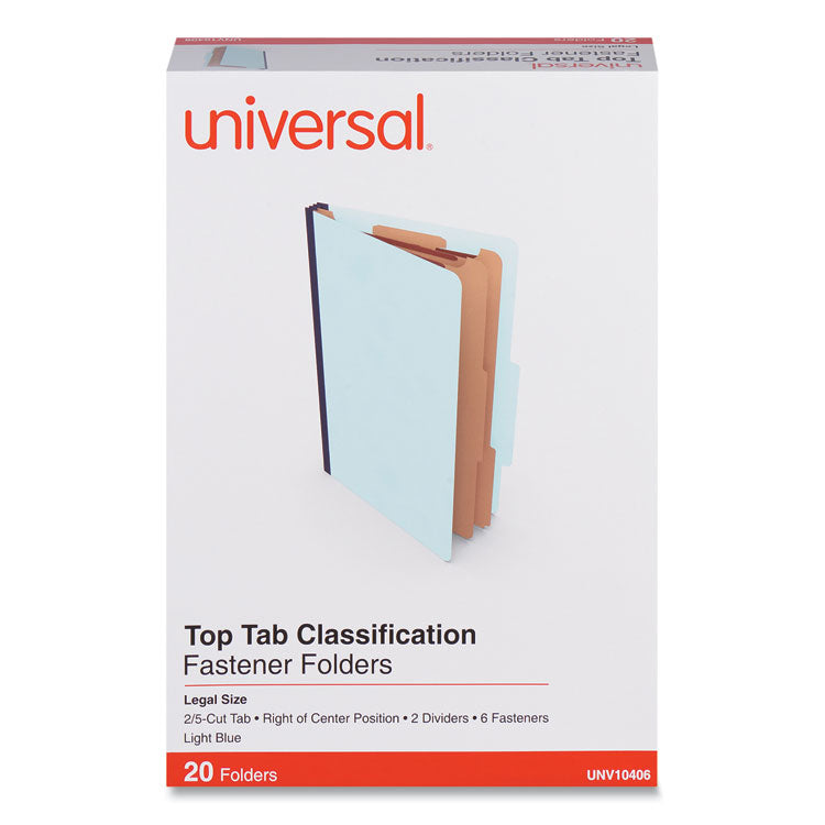 Universal® Six-Section Classification Folders, Heavy-Duty Pressboard Cover, 2 Dividers, 6 Fasteners, Legal Size, Light Blue, 20/Box (UNV10406) Box of 20