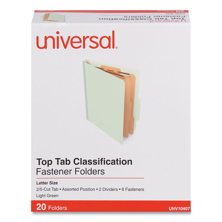 Universal® Six-Section Classification Folders, Heavy-Duty Pressboard Cover, 2 Dividers, 6 Fasteners, Letter Size, Light Green, 20/Box (UNV10407) Box of 20