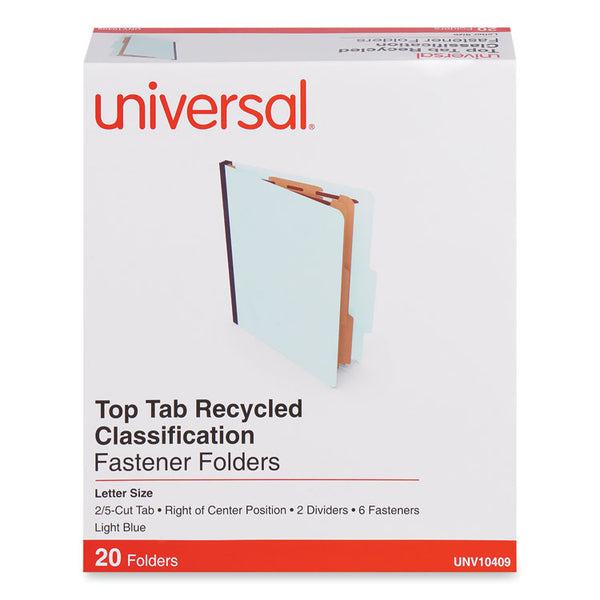 Universal® Six-Section Classification Folders, Heavy-Duty Pressboard Cover, 2 Dividers, 6 Fasteners, Letter Size, Light Blue, 20/Box (UNV10409)