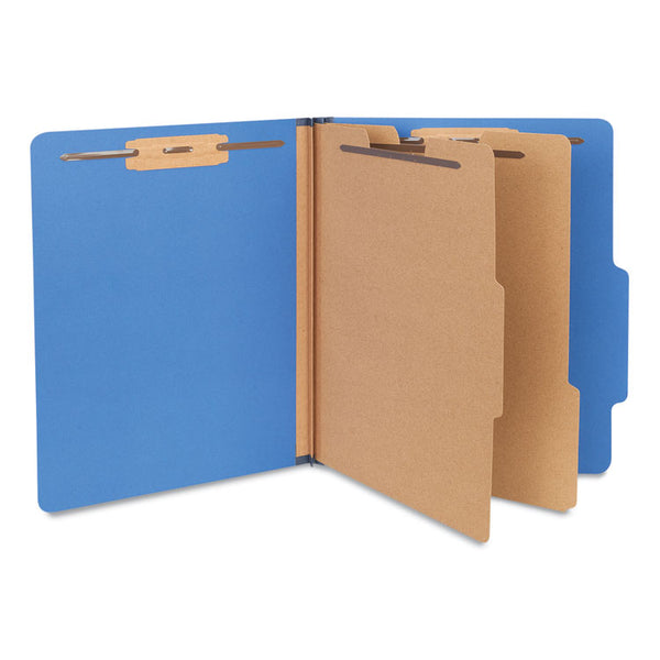 Universal® Six-Section Pressboard Classification Folders, 2.5" Expansion, 2 Dividers, 6 Fasteners, Letter Size, Blue, 10/Box (UNV10410)