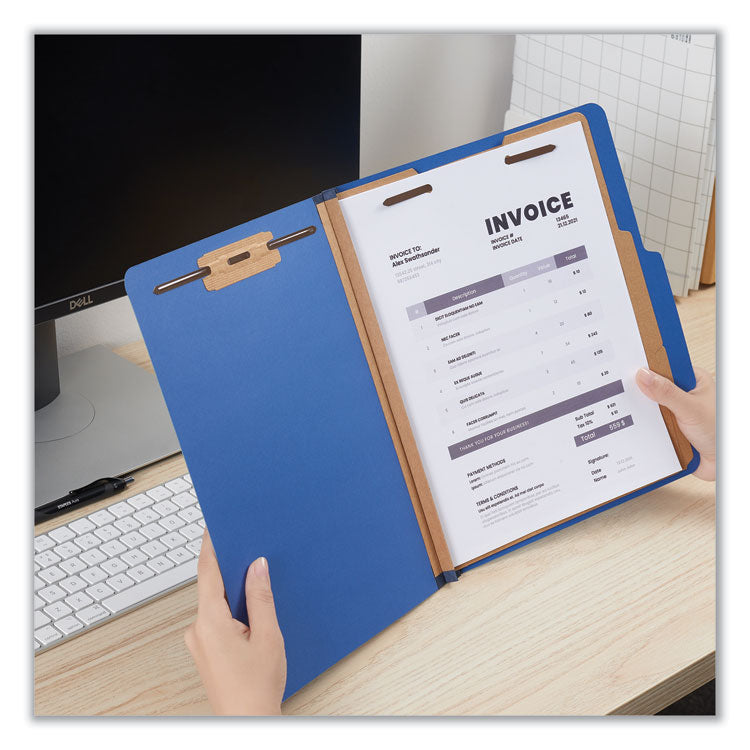 Universal® Six-Section Pressboard Classification Folders, 2.5" Expansion, 2 Dividers, 6 Fasteners, Letter Size, Blue, 10/Box (UNV10410) Box of 10