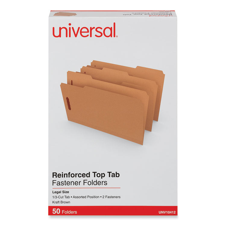 Universal® Reinforced Top Tab Fastener Folders, 0.75" Expansion, 2 Fasteners, Legal Size, Brown Kraft Exterior, 50/Box (UNV10412) Box of 50