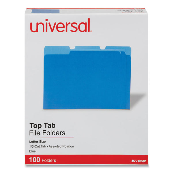 Universal® Deluxe Colored Top Tab File Folders, 1/3-Cut Tabs: Assorted, Letter Size, Blue/Light Blue, 100/Box (UNV10501)