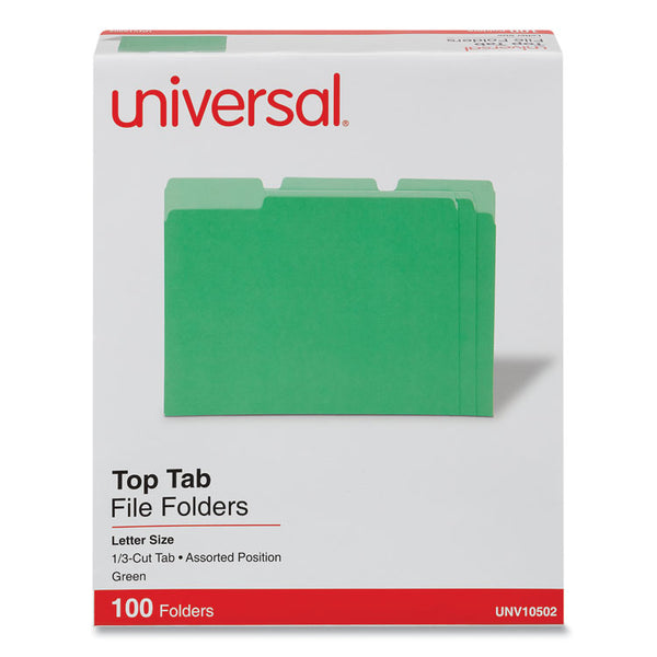 Universal® Deluxe Colored Top Tab File Folders, 1/3-Cut Tabs: Assorted, Letter Size, Green/Light Green, 100/Box (UNV10502)