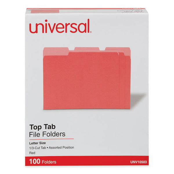 Universal® Deluxe Colored Top Tab File Folders, 1/3-Cut Tabs: Assorted, Letter Size, Red/Light Red, 100/Box (UNV10503)