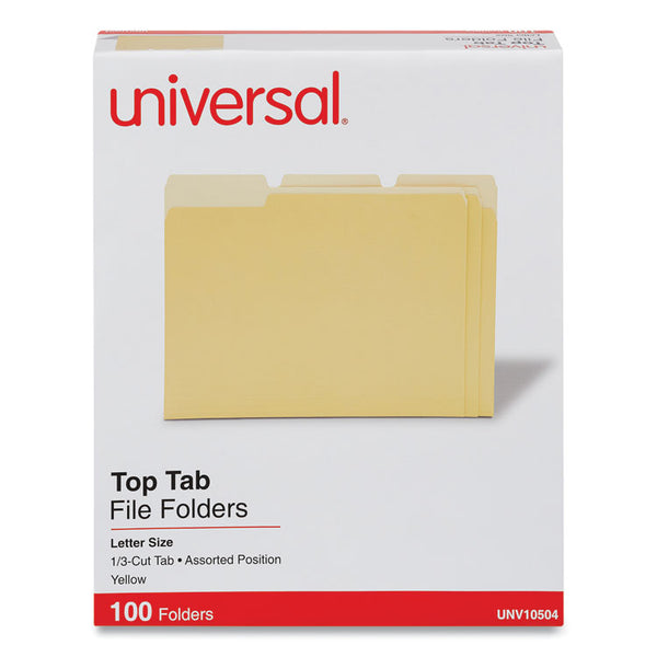 Universal® Deluxe Colored Top Tab File Folders, 1/3-Cut Tabs: Assorted, Letter Size, Yellow/Light Yellow, 100/Box (UNV10504)