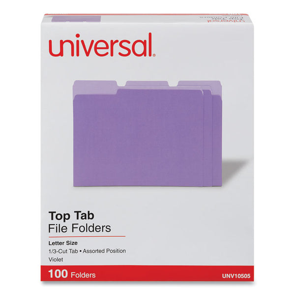 Universal® Deluxe Colored Top Tab File Folders, 1/3-Cut Tabs: Assorted, Letter Size, Violet/Light Violet, 100/Box (UNV10505)