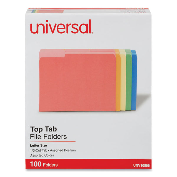 Universal® Deluxe Colored Top Tab File Folders, 1/3-Cut Tabs: Assorted, Letter Size, Assorted Colors, 100/Box (UNV10506)