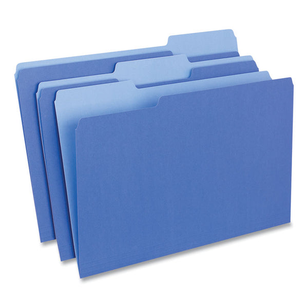 Universal® Deluxe Colored Top Tab File Folders, 1/3-Cut Tabs: Assorted, Legal Size, Blue/Light Blue, 100/Box (UNV10521)