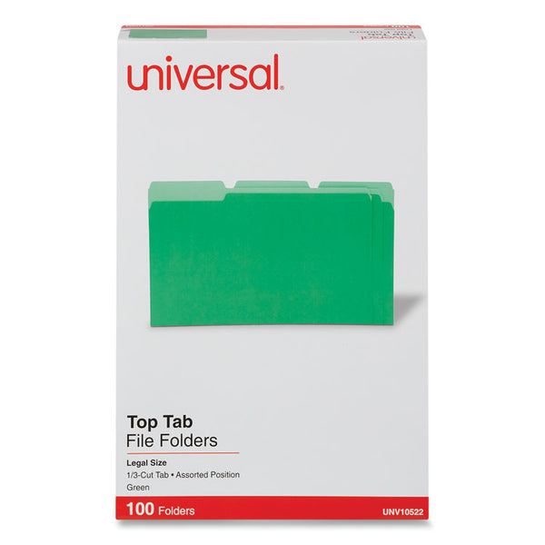 Universal® Deluxe Colored Top Tab File Folders, 1/3-Cut Tabs: Assorted, Legal Size, Bright Green/Light Green, 100/Box (UNV10522)