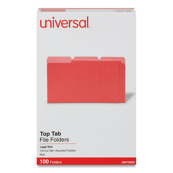 Universal® Deluxe Colored Top Tab File Folders, 1/3-Cut Tabs: Assorted, Legal Size, Red/Light Red, 100/Box (UNV10523)