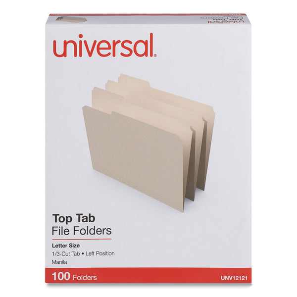 Universal® Top Tab File Folders, 1/3-Cut Tabs: Left Position, Letter Size, 0.75" Expansion, Manila, 100/Box (UNV12121)