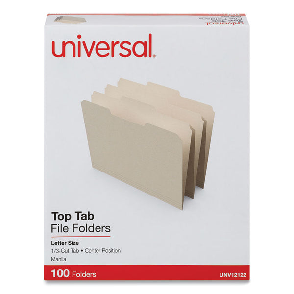 Universal® Top Tab File Folders, 1/3-Cut Tabs: Center Position, Letter Size, 0.75" Expansion, Manila, 100/Box (UNV12122)