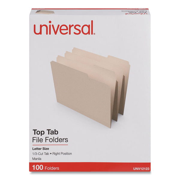 Universal® Top Tab File Folders, 1/3-Cut Tabs: Right Position, Letter Size, 0.75" Expansion, Manila, 100/Box (UNV12123)