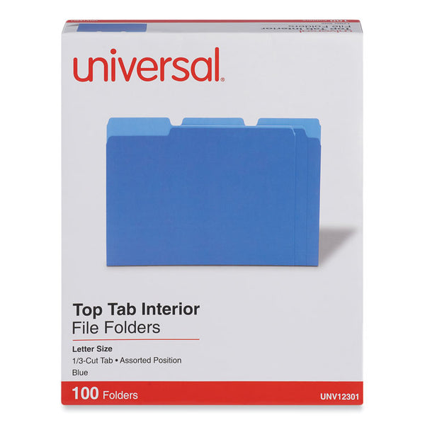 Universal® Interior File Folders, 1/3-Cut Tabs: Assorted, Letter Size, 11-pt Stock, Blue, 100/Box (UNV12301)