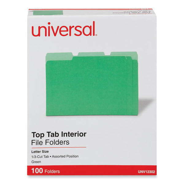 Universal® Interior File Folders, 1/3-Cut Tabs: Assorted, Letter Size, 11-pt Stock, Green, 100/Box (UNV12302)