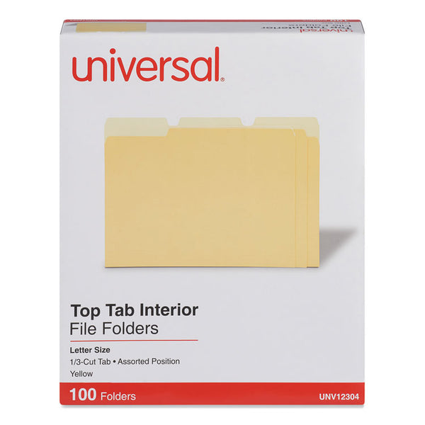 Universal® Interior File Folders, 1/3-Cut Tabs: Assorted, Letter Size, 11-pt Stock, Yellow, 100/Box (UNV12304)