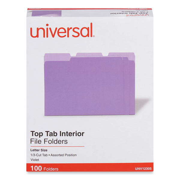 Universal® Interior File Folders, 1/3-Cut Tabs: Assorted, Letter Size, 11-pt Stock, Violet, 100/Box (UNV12305)