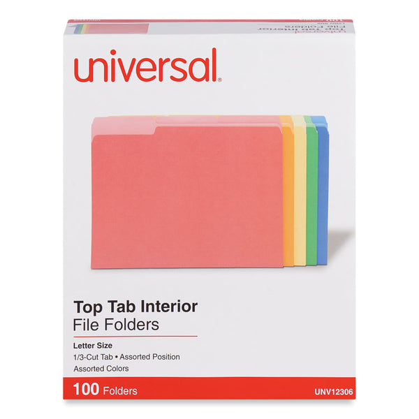 Universal® Interior File Folders, 1/3-Cut Tabs: Assorted, Letter Size, 11-pt Stock, Assorted Colors, 100/Box (UNV12306)