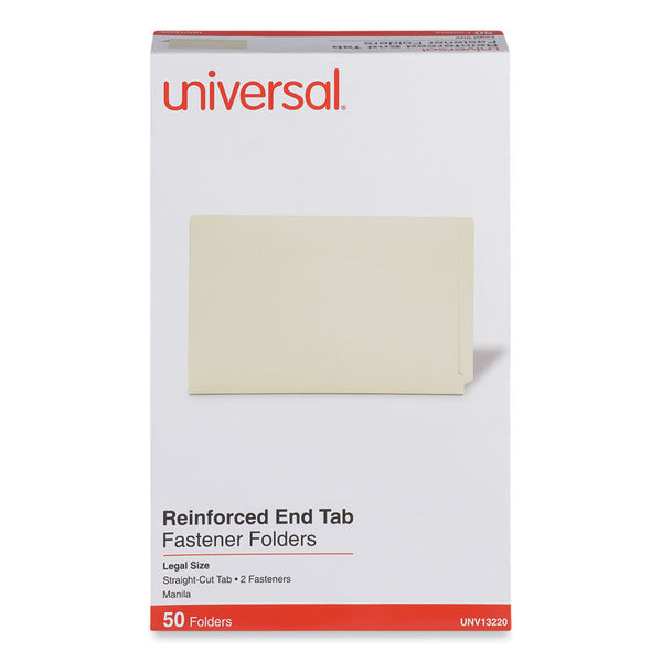 Universal® Reinforced End Tab Fastener Folders, 0.75" Expansion, 2 Fasteners, Legal Size, Manila Exterior, 50/Box (UNV13220)