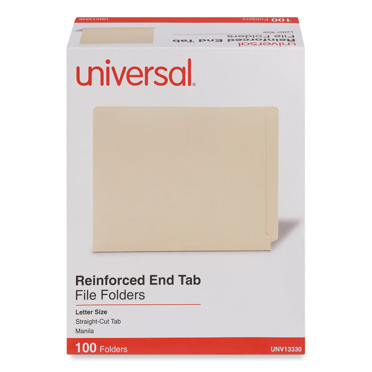 Universal® Deluxe Reinforced End Tab Folders, Straight Tabs, Letter Size, 0.75" Expansion, Manila, 100/Box (UNV13330)