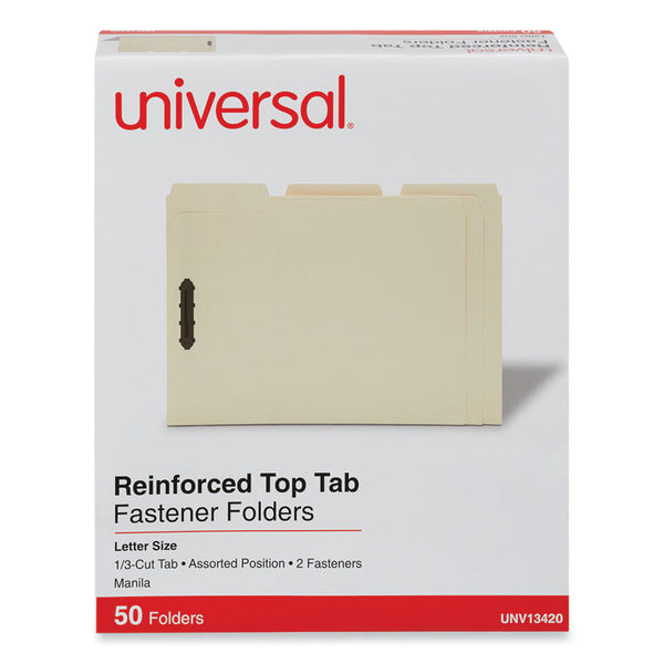 Universal® Deluxe Reinforced Top Tab Fastener Folders, 0.75" Expansion, 2 Fasteners, Letter Size, Manila Exterior, 50/Box (UNV13420)