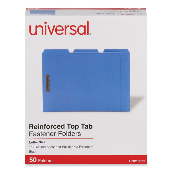 Universal® Deluxe Reinforced Top Tab Fastener Folders, 0.75" Expansion, 2 Fasteners, Letter Size, Blue Exterior, 50/Box (UNV13521)