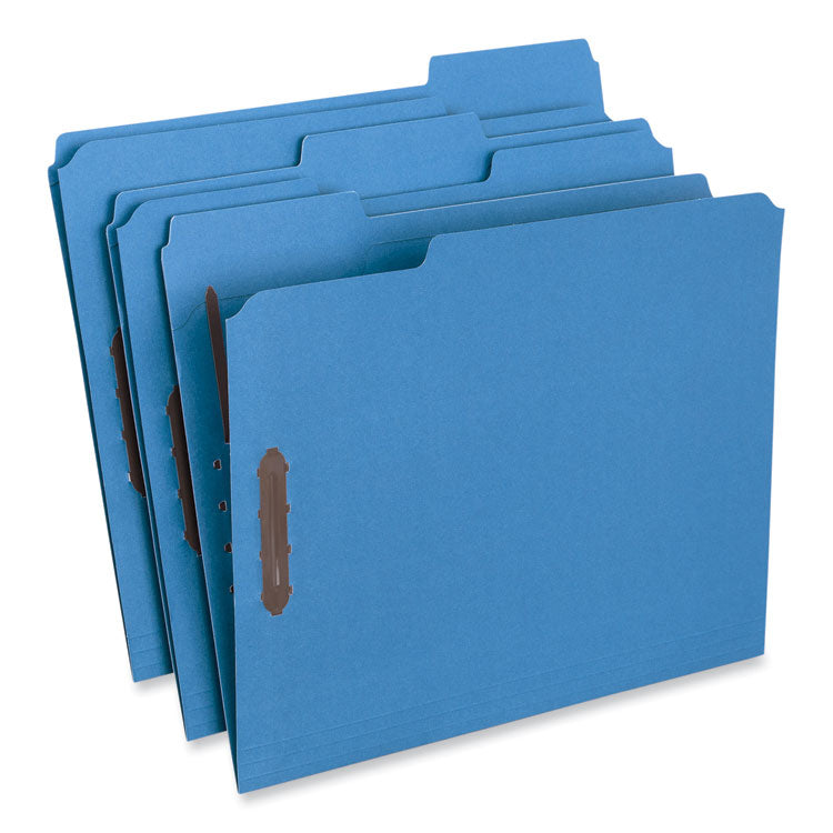 Universal® Deluxe Reinforced Top Tab Fastener Folders, 0.75" Expansion, 2 Fasteners, Letter Size, Blue Exterior, 50/Box (UNV13521) Box of 50