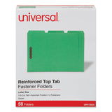 Universal® Deluxe Reinforced Top Tab Fastener Folders, 0.75" Expansion, 2 Fasteners, Letter Size, Green Exterior, 50/Box (UNV13522) Box of 50